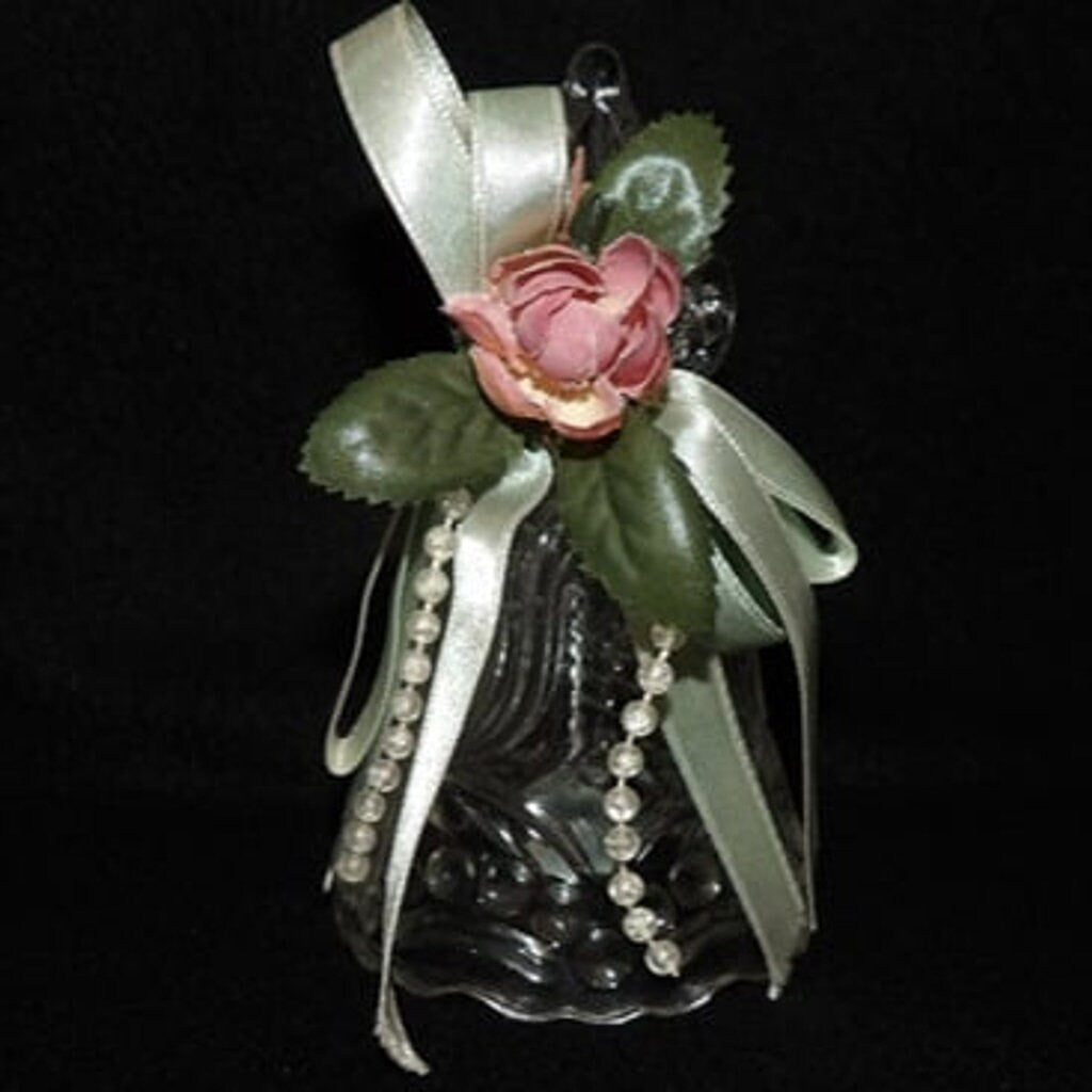 Vintage Small Glass Bell with Pink Flowers & Pearl Trim