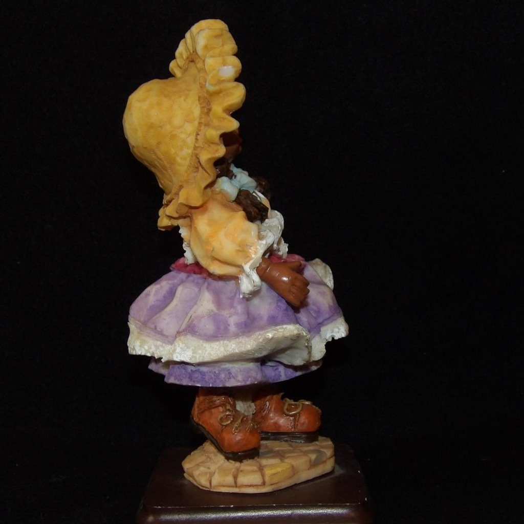 Vintage African American Girl Waving Figurine — Purple Dress & Tan Yellow Hat