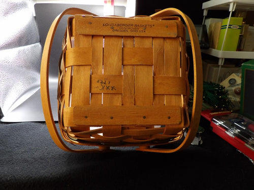 1993 Longaberger Handwoven Basket — Green Accent Band & Swing Handle with Plastic Protector