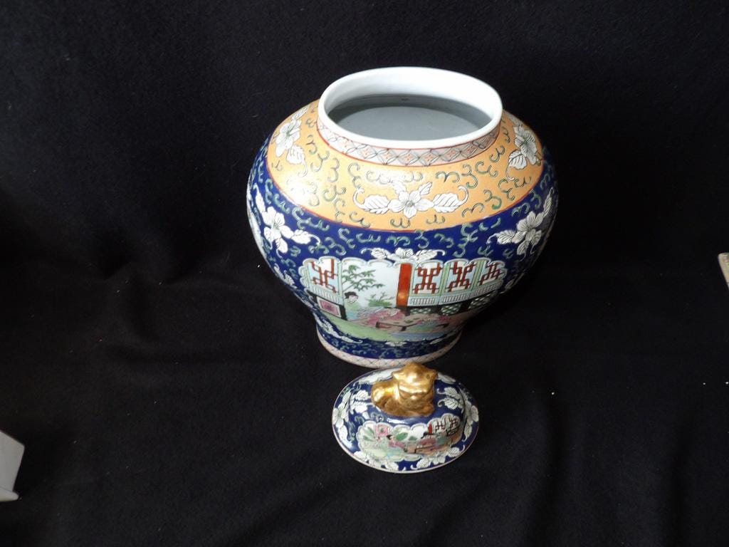 Chinese Porcelain Foo Dog Temple Jar with Lid — Blue, White & Gold Hand-Painted