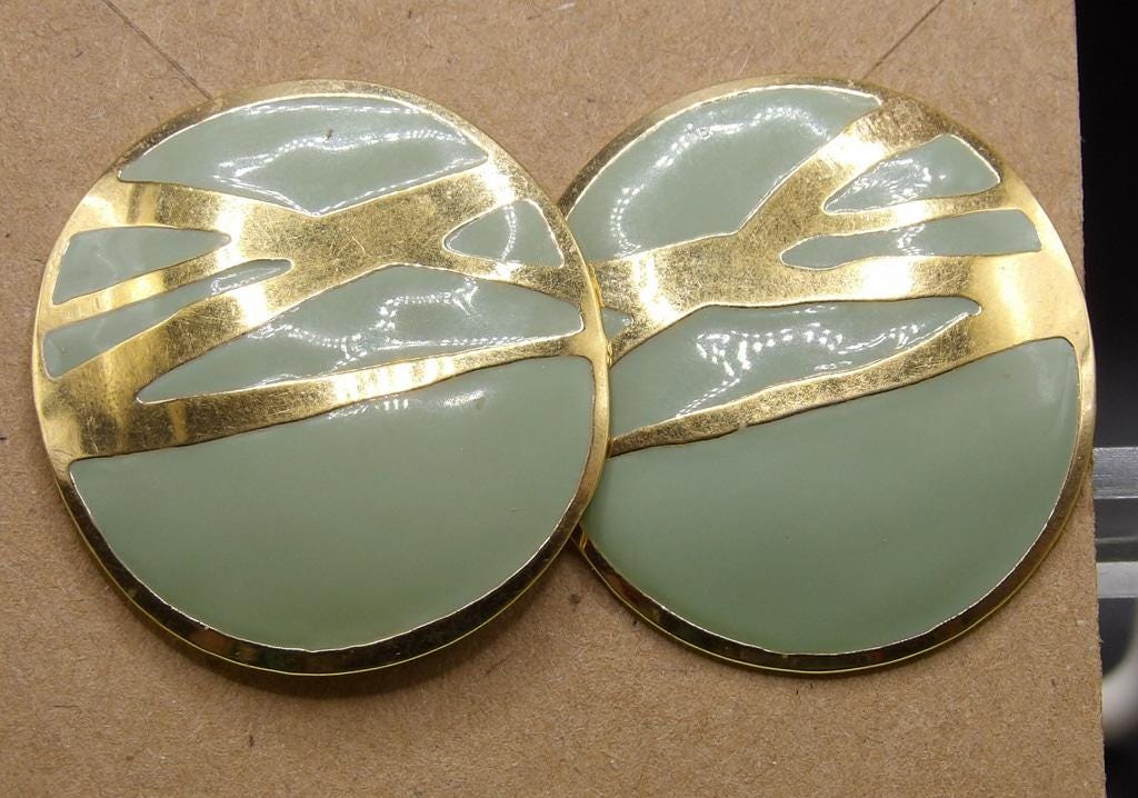 Vintage Round Post Earrings — Light Green Enamel & Gold Tone Abstract Design